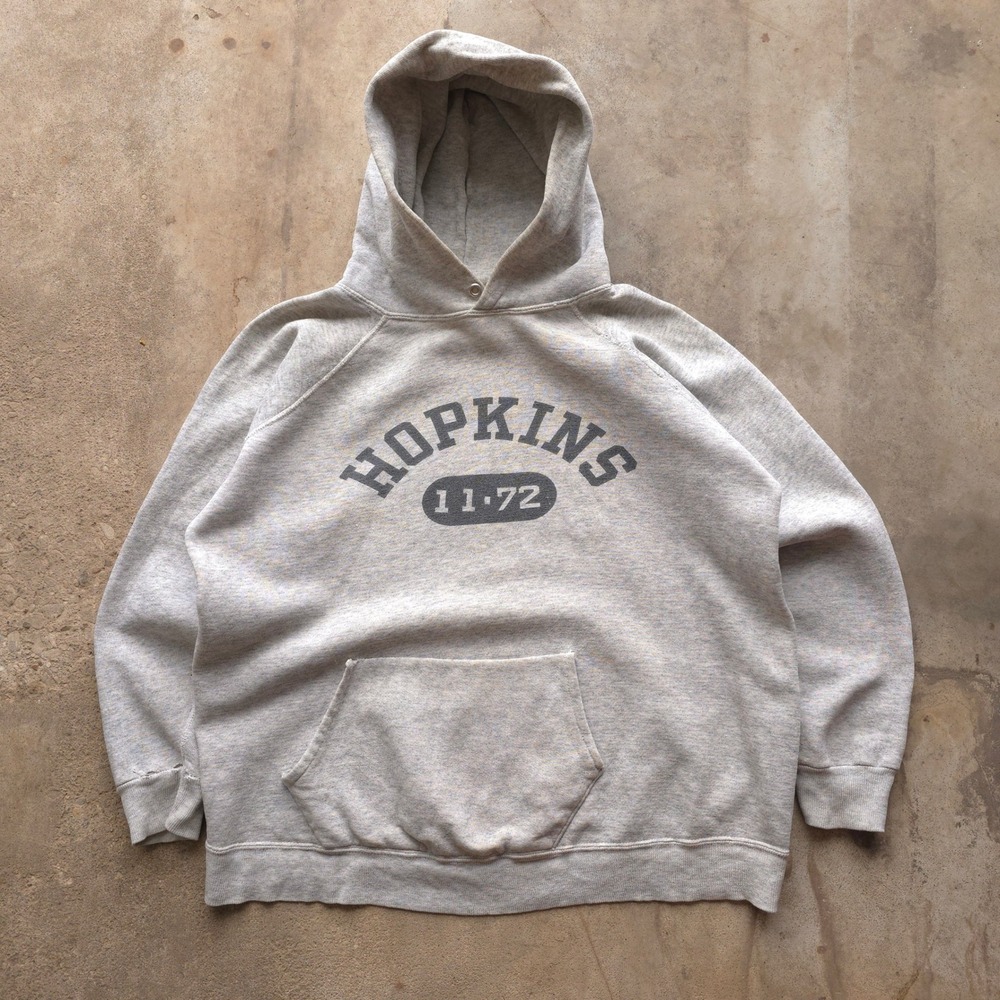 Vintage 1970s Champion Grey Hoodie XL Hopkins Blue Bar Tag Raglan